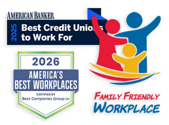 2025 Best Credit Union to Work For and Family Friendly Workplace logos